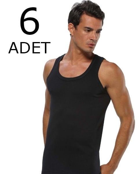 Tutku 6 lı Paket Ribana (Likralı) Siyah Erkek Askılı Atlet