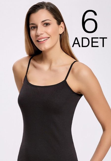 Tutku 6 Lı Paket  Siyah İp Askılı Kadın Düz  Atlet