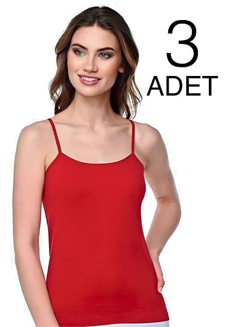 Tutku 3 lü Paket  Kırmızı İp Askılı Kadın Düz  Atlet