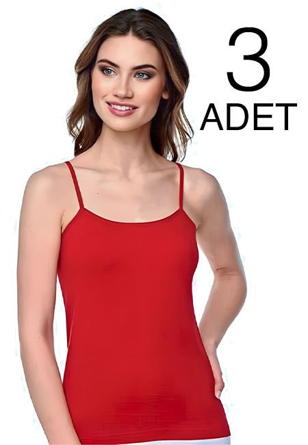 Tutku 3 lü Paket  Kırmızı İp Askılı Kadın Düz  Atlet