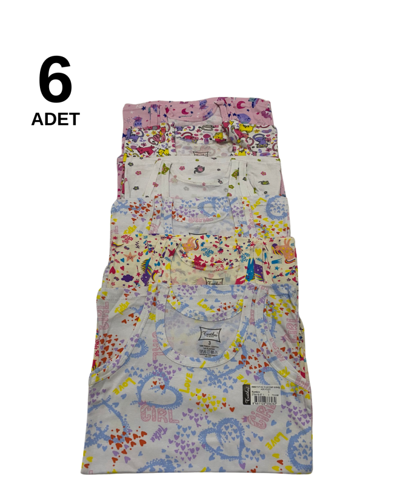 Tutku 6 lı Paket Renkli Desenli Kalın Askılı Kız Atlet (karışık desenler)