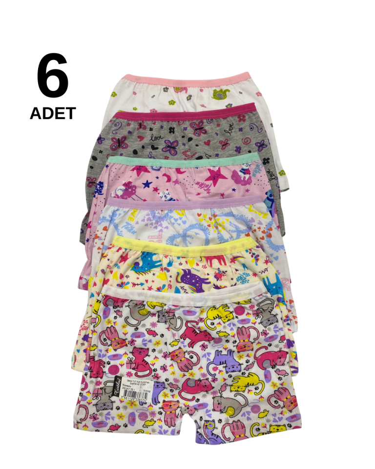 Tutku 6 lı  Paket Renkli Desenli Kız Boxer Külot  (karışık desenler)