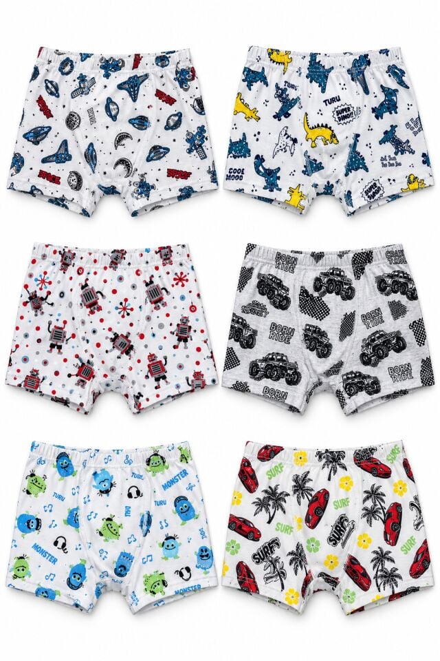 Tutku 6 lı Paket Renkli Desenli Erkek Çocuk Boxer  (karışık desenler)