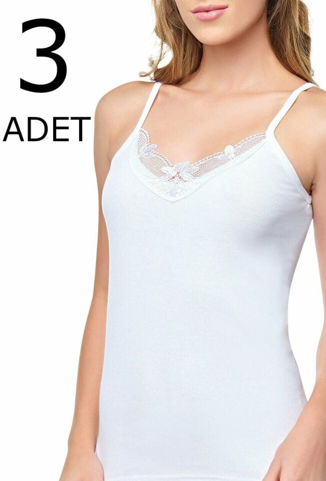 Tutku 3 lü Paket Likralı  Klasik İp Askılı Güpürlü Kadın Atlet