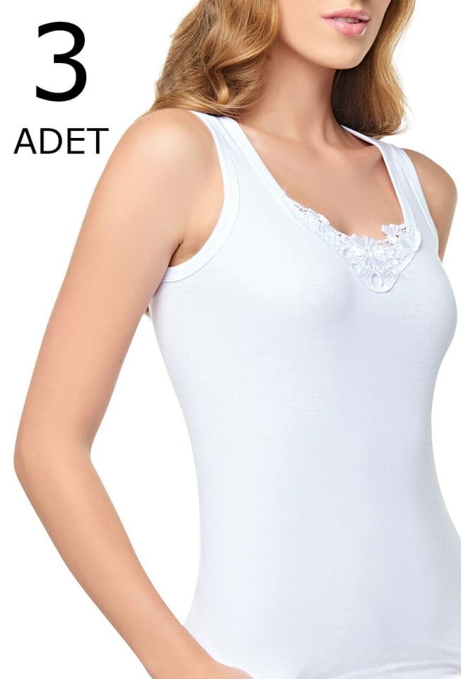 Tutku 3 lü Paket Likralı  Klasik Geniş Askılı Güpürlü Kadın Atlet