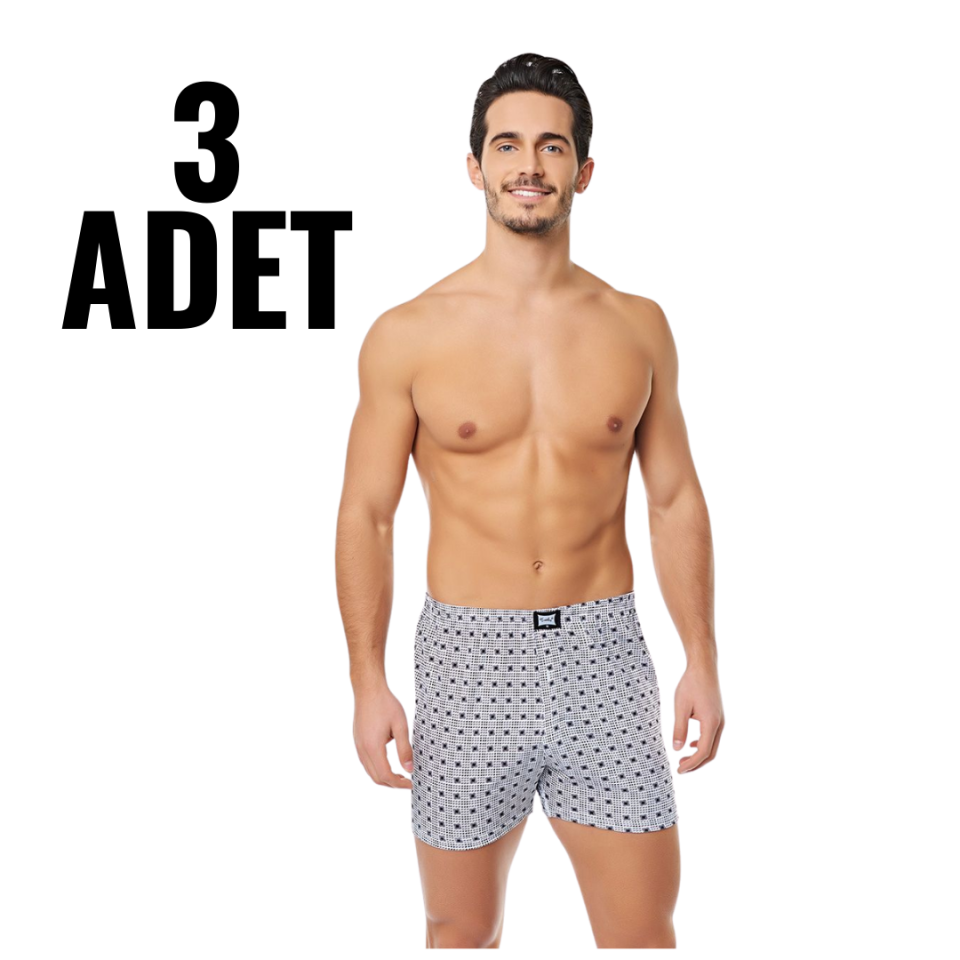 Tutku Erkek Penye Desenli Bol Kesim Önü Düğmeli Boxer 3 lü Paket