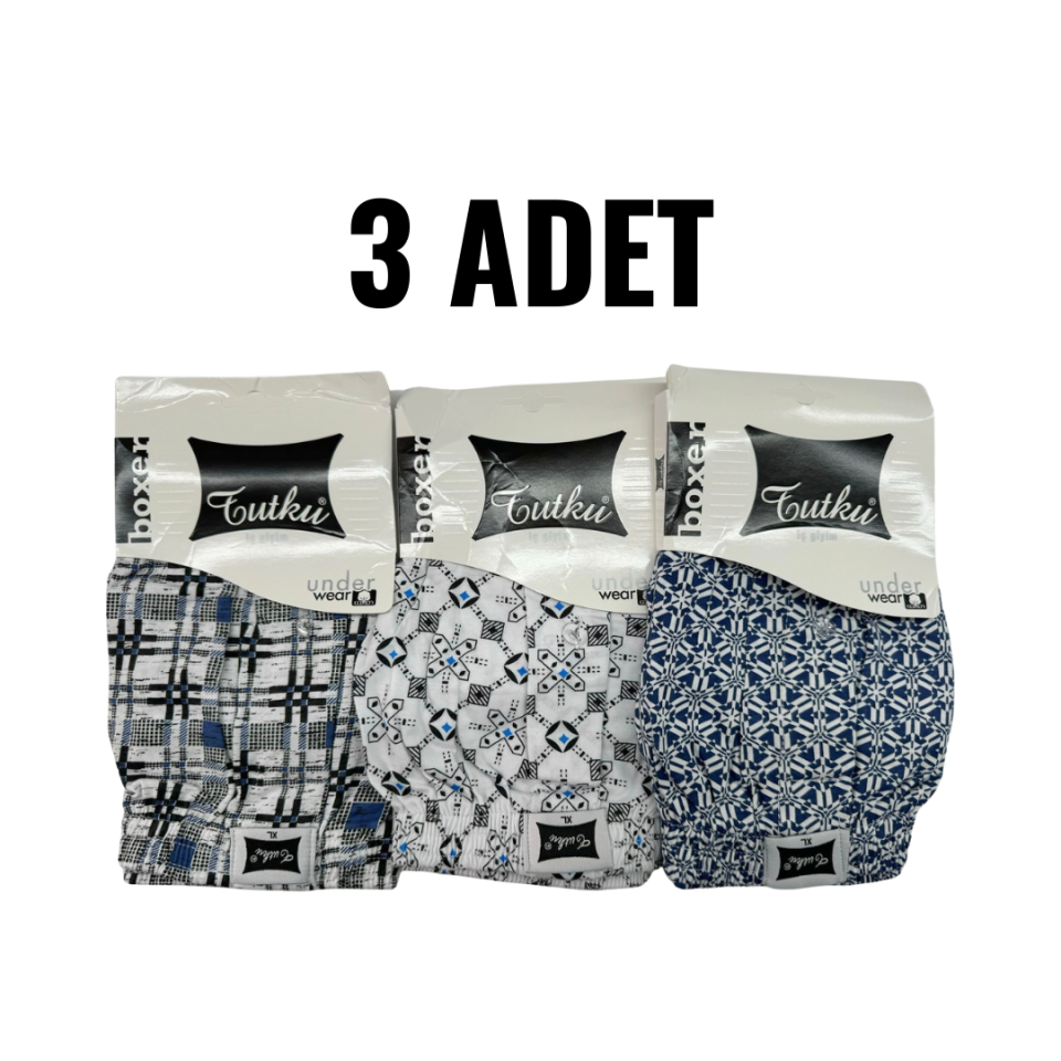 Tutku Erkek Penye Desenli Bol Kesim Önü Düğmeli Boxer 3 lü Paket