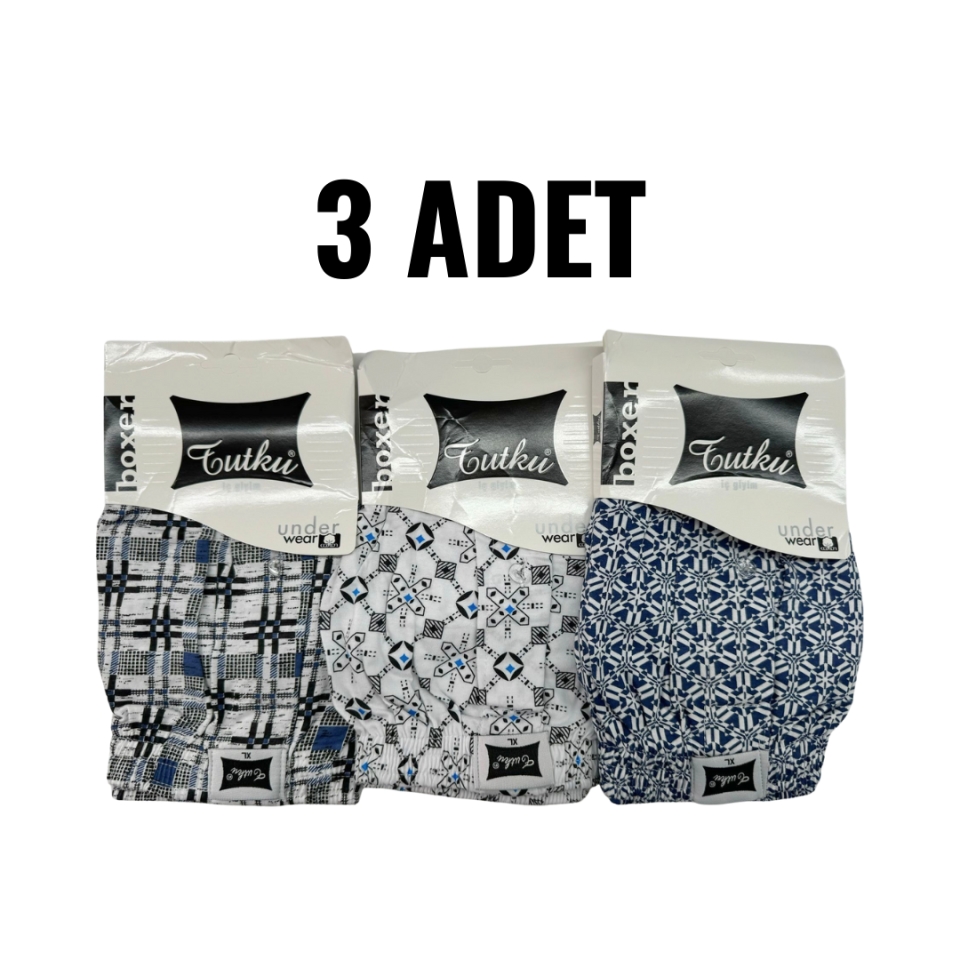 Tutku Erkek Penye Desenli Bol Kesim Önü Düğmeli Boxer 3 lü Paket