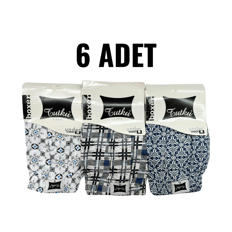 Tutku Erkek Penye Desenli Bol Kesim Önü Düğmeli Boxer 6 lı Paket