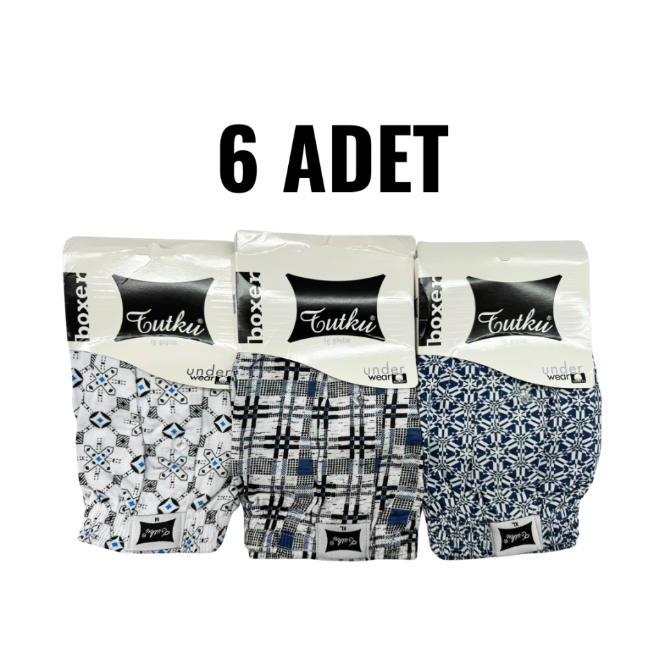 Tutku Erkek Penye Desenli Bol Kesim Önü Düğmeli Boxer 6 lı Paket