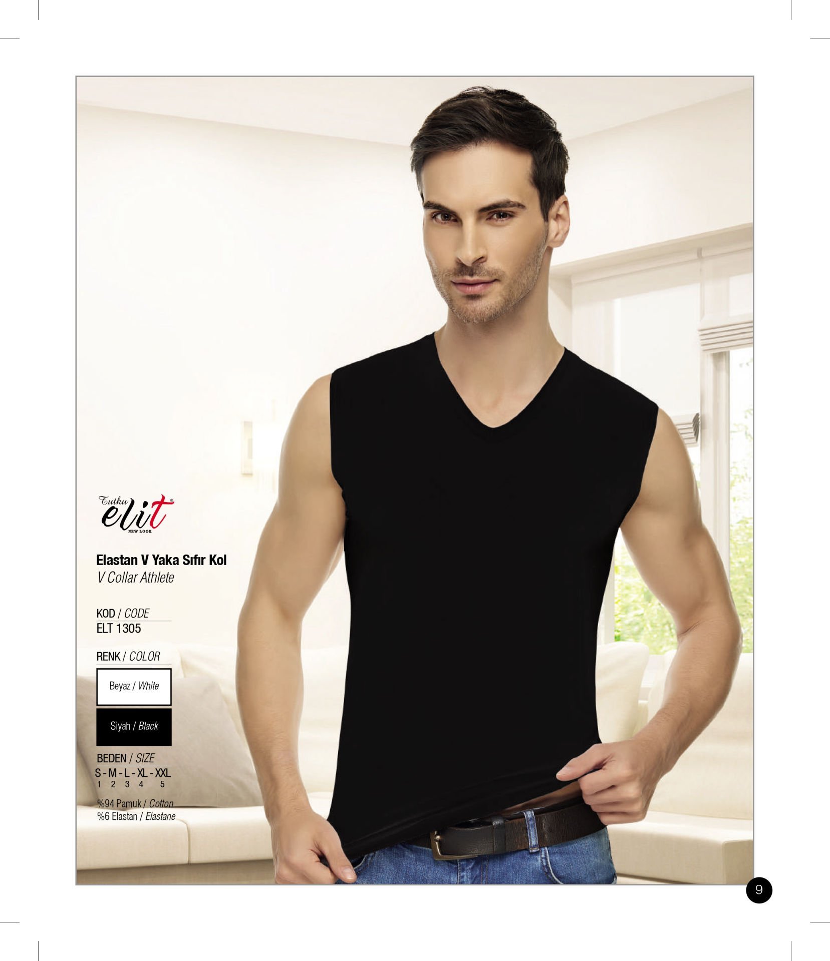 Tutku Elit 1305 Elastan V Yaka Sıfır Kol Atlet SİYAH - XL